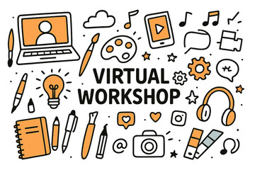 Virtual Workshop Doodle. Virtual Workshop. Hand-drawn doodle illustration Laptop, tablet, smartphone, paintbrush, palette, pen, pencil, notebook, lightbulb,