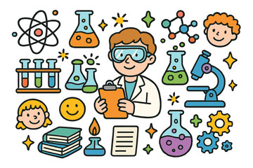 Colorful Science Exploration. Science Lab. Colorful Hand-drawn doodle Children illustration test tubes, beakers, microscope, atoms, molecules, scientist, lab