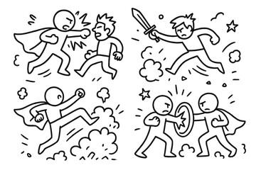 Fototapeta premium Doodle Fight Scene. Fight Scene. Hand-drawn doodle illustration Fight Scene hero villain punch kick jump dodge weapon shield smoke debris motion lines. Simple