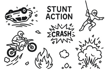 Obraz premium Stunt Explosion Doodle. Stunt Action. Hand-drawn doodle illustration Stunt Action car flip motorcycle jump crash hero rope harness explosion debris flame