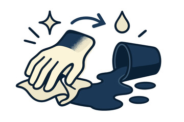Obraz premium Dynamic Cleanup Scene. Cleanup in progress. Glowing hand grabbing a cloth to wipe spilled drink. Floating icons of sparkle, arrow, and droplet symbolizing
