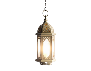 Hanging ornate lantern with light shining through the glass panels.