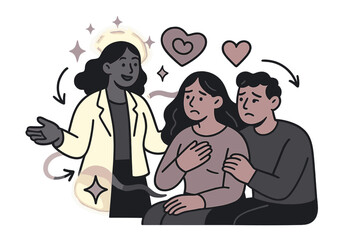 Therapist's Compassionate Glow. Supportive presence. Glowing therapist standing beside couple with hand gestures open, stars shining above. Floating icons of