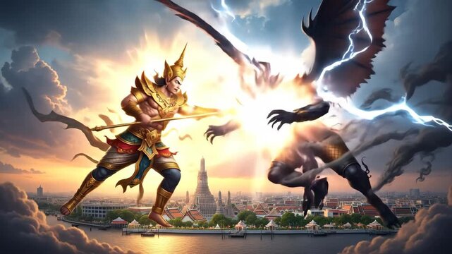 Epic Battle: Thai Warrior vs. Demon Over Bangkok - A dynamic, fantasy-style illustration depicts a heroic Thai warrior clashing with a fearsome demon in the sky above Bangkok.