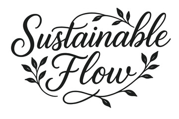 Sustainable Flow Typography. Script Hand-Lettering: "Sustainable Flow" ? flowing brush script with soft curves, semi-cursive connectors, gentle vine and leaf