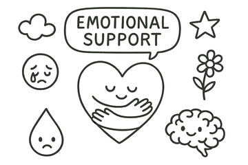 Fototapeta premium Emotional Support Icons. Emotional Support. Hand-drawn doodle illustration Emotional Support heart hands hug speech bubble tears smile brain flower star cloud.