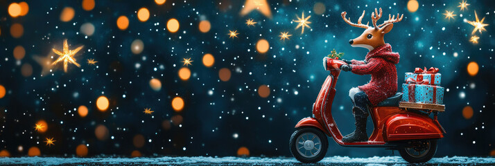 Fototapeta premium Christmas reindeer wearing a red sweater and boots, driving a red scooter loaded with gifts on a snowy road under a magical dark blue starry night with bright bokeh lights