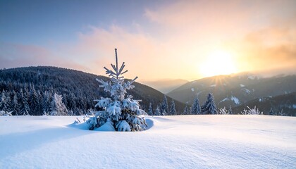 Snow-covered mountain landscape with a lone pine tree, sun rising