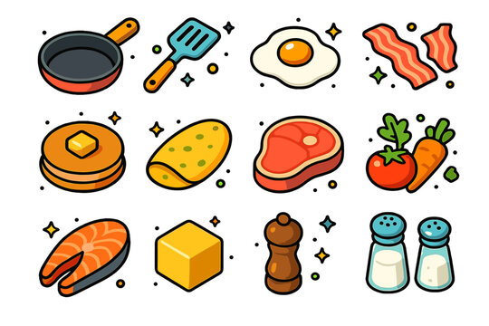 Colorful Cooking Icons. Home Cooking. Colorful isometric vector icons set of home cooking: frying pan, spatula, fried egg, bacon strips, pancake, omelet,