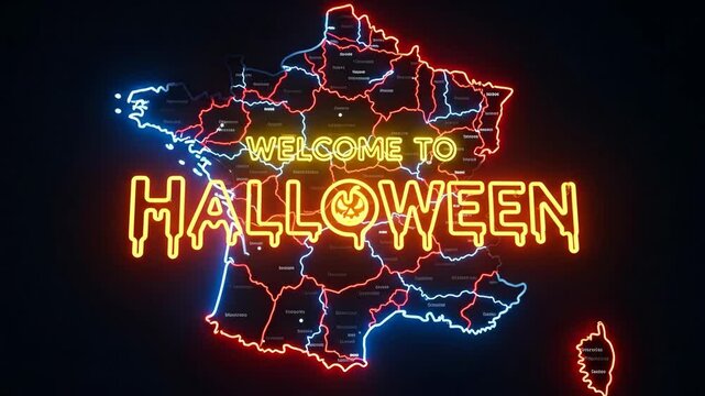 Glowing Halloween Map of France - An illuminated neon map of France is displayed against a black background. The words "WELCOME TO HALLOWEEN" are brightly glowing on the map.