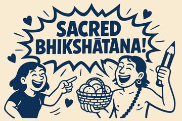 Laughter with Bhikshatana. Sacred Bhikshatana banner, flat vector illustration, bold oversized text inside comic burst, cartoon characters laughing and