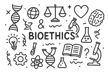 Bioethics Symbols Doodle. Bioethics. Hand-drawn doodle illustration bioethics DNA strand, balance scale, heart, brain, microscope, test tube, book, question