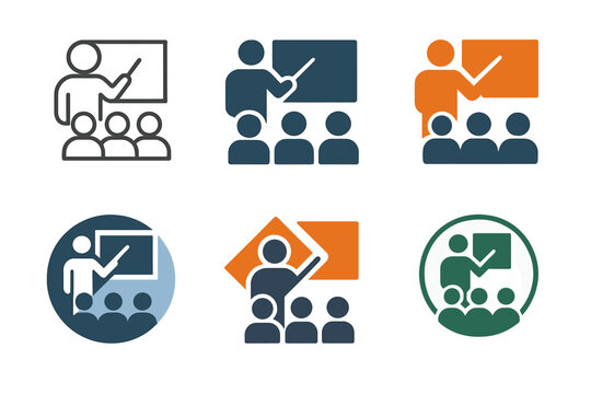 Labor Market Logos. Labor market dynamics. Set Logo of Labor market dynamics: job training and reskilling classroom. harmonious logo variations of the same