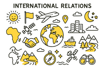 Fototapeta premium Global Connection Doodles. International Relations. Hand-drawn doodle illustration Globe, handshake, flag, airplane, ship, map pin, continents, oceans, city
