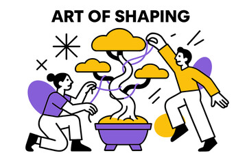 Glowing Bonsai Art. Art of Shaping. A glowing bonsai tree with wire wrapped around branches, abstract spark and line icons symbolizing discipline. Modern