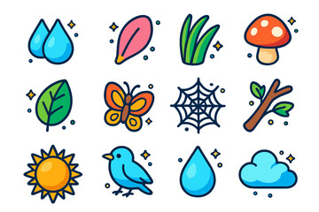Obraz premium Vibrant Morning Icons. Morning Nature. Colorful isometric vector icons set of morning nature: dew drops, flower petal, grass blade, mushroom, leaf, butterfly,