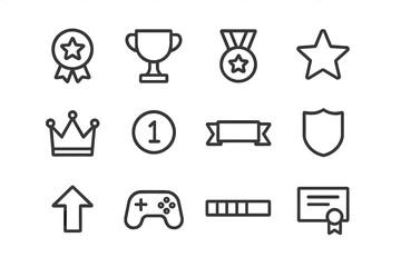Interactive Rewards Icons. Interactive rewards. Line icon set of Interactive rewards: badge, trophy, medal, star, crown, points, ribbon, shield, level-up