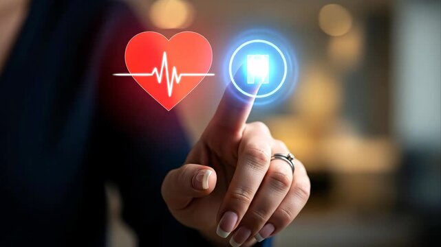 Healthcare Technology Concept - A woman's finger is touching a glowing button next to a heart symbol. The video represents modern healthcare technology and medical concepts.