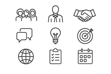Obraz premium Diversity in Management Icons. Diversity in management. Line icon set of Diversity in management: team of diverse people, leader figure, handshake, speech