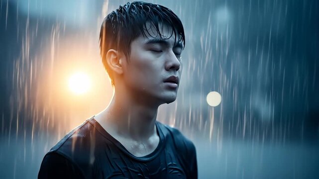 Man in the Rain, Dramatic Portrait - A young Asian man is caught in a downpour, his face illuminated by the light in the background.