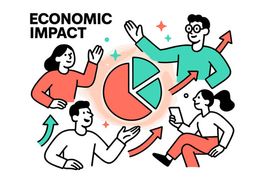 Freelancer Market Growth. Economic Impact. A glowing pie chart with freelancer icons, abstract floating spark and arrow shapes symbolizing market expansion.