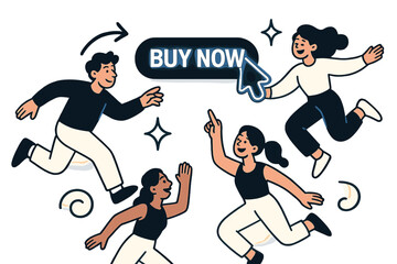 Dynamic Buy Now Scene. Call-to-action clarity. Glowing typography "BUY NOW" with button design and dynamic arrow pointing forward. Floating icons of sparkle,