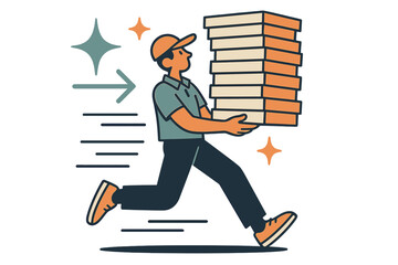 Express Pizza Delivery. Stacked delivery. Glowing delivery person carrying tower of pizza boxes with motion lines. Floating icons of sparkle, arrow, and star