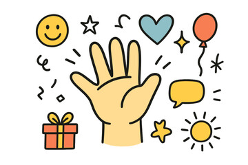 Fototapeta premium Playful Hand Doodles. Hand Wave. Hand-drawn doodle illustration waving hand (colored), smiley face, heart (colored), star, sparkle (colored), balloon, chat