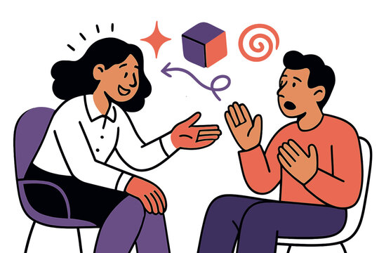 Empathetic Therapy Session. Supportive talk. Glowing therapist leaning forward with kind gesture while client shares thoughts. Floating icons of sparkle, cube,