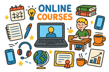 Vibrant E-Learning Doodles. Online courses. Colorful Hand-drawn doodle Children illustration Online courses laptop, notebook, pen, books, calendar, student,