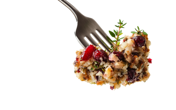 Close up of forkful of savory stuffing with cranberries showing delicious Thanksgiving flavor isolated on transparent background PNG
