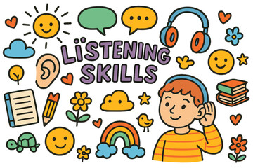 Colorful Listening Doodle. Listening Skills. Colorful Hand-drawn doodle Children illustration child listening, ears, speech bubbles, notebook,