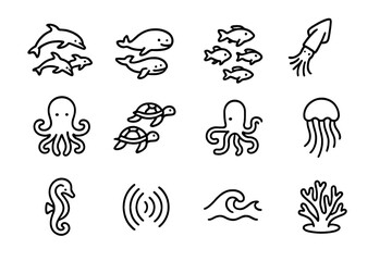 Marine Life Icons. Pod interaction. Line icon set of Pod interaction: dolphin pod, whale pod, fish school, squid, octopus, sea turtle, jellyfish, seahorse,