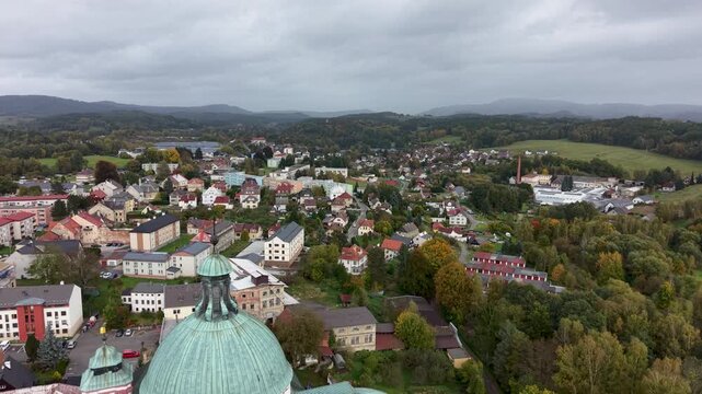 Aerial Church Saint Lawrence Jablonne Czechia city pull 1. Czech Republic 18th century. Buildings of Baroque architecture in Central Europe. Historic town center. Near German and Polish borders.