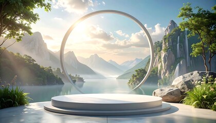 Scenic image of a pristine lake and mountains with a stage