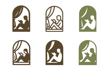 Book Nook Logos. Reading a book in the shade. Set Logo of Reading a book in the shade: cozy window seat with draped curtain. harmonious logo variations of the