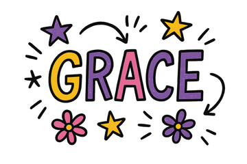 Fototapeta premium Playful Doodle Sketch. Grace Sketch ? Doodle / Sketch style, playful hand-drawn rough letters with arrows, stars, and flower doodles, colorful casual