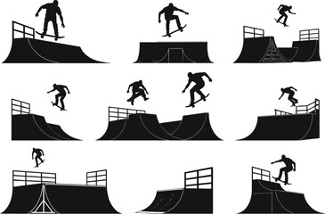 Skateboarder silhouette illustration performing tricks on ramps, skatepark aerial stunts, extreme sport action, urban lifestyle concept design