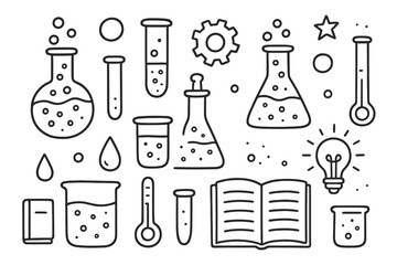 Scientific Doodle Icons. Flasks. Hand-drawn doodle illustration flasks laboratory flask, beaker, test tube, conical flask, round-bottom flask, droplet, bubble,