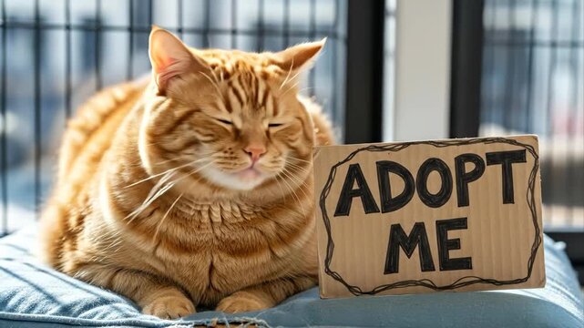 Orange Tabby Fat Cat with "Adopt Me" Sign - A charming orange tabby cat is pictured with a hand-drawn "Adopt Me" sign. The cat is resting on a blue cushion, seemingly looking directly at the viewer.