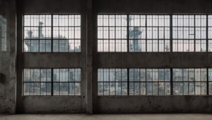 Naklejka premium Urban Decay - Gridded Windows Reflecting Cityscape in Abandoned Industrial Space.