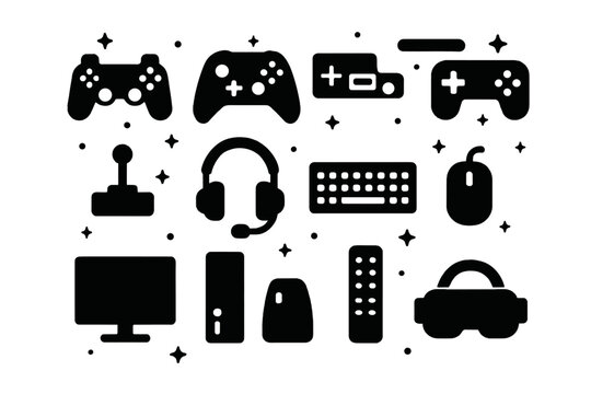 Gaming Controllers Grid. gaming console controllers. Solid icons set of gaming console controllers: playstation, xbox, nintendo, gamepad, joystick, headset,