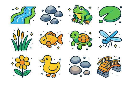 Nature Stream Icons. Nature Stream. Colorful isometric vector icons set of nature stream: flowing water, rocks, lily pad, frog, fish, reeds, turtle, dragonfly,