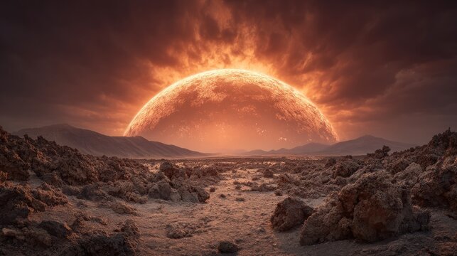 A fiery, alien planet with a large, glowing orb in the background, surrounded by rocky terrain and a barren landscape. - Powered by Adobe