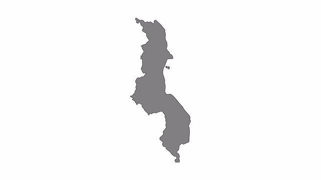 Malawi map animation with black line drawing and smooth transition to solid fill on transparent background, symbolizing geography and modern design.