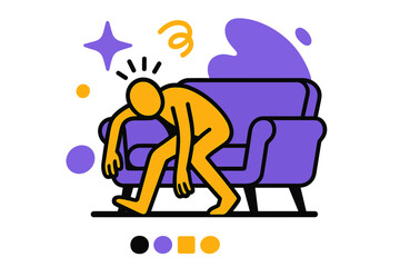 Exhausted Glow Figure. End of Day. A glowing figure collapsing onto a couch, abstract spark and swirl icons symbolizing depletion. Modern flat-line