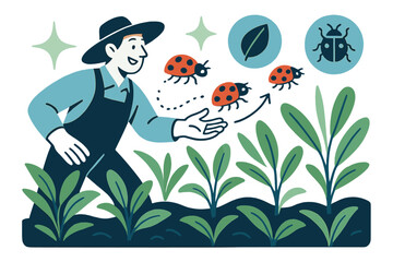 Releasing Ladybugs. Biological pest control in agriculture. Glowing farmer releasing ladybugs onto green crops. Floating icons of sparkle, leaf, and bug