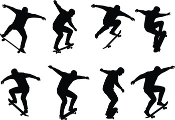 Skateboarder silhouette sequence performing tricks, extreme sport action, skateboarding jump, balance stunt, urban lifestyle, youth culture illustration