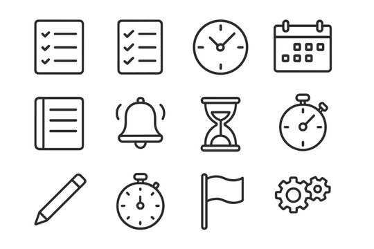 Efficient Workflow Icons. Efficient workflow. Line icon set of Efficient workflow: task list, checklist, clock, calendar, planner, alarm bell, hourglass,