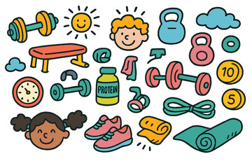 Naklejka premium Colorful Fitness Icons. Fitness Fun. Colorful Hand-drawn doodle Children illustration dumbbells, gym bench, kettlebells, barbells, weight plates, resistance